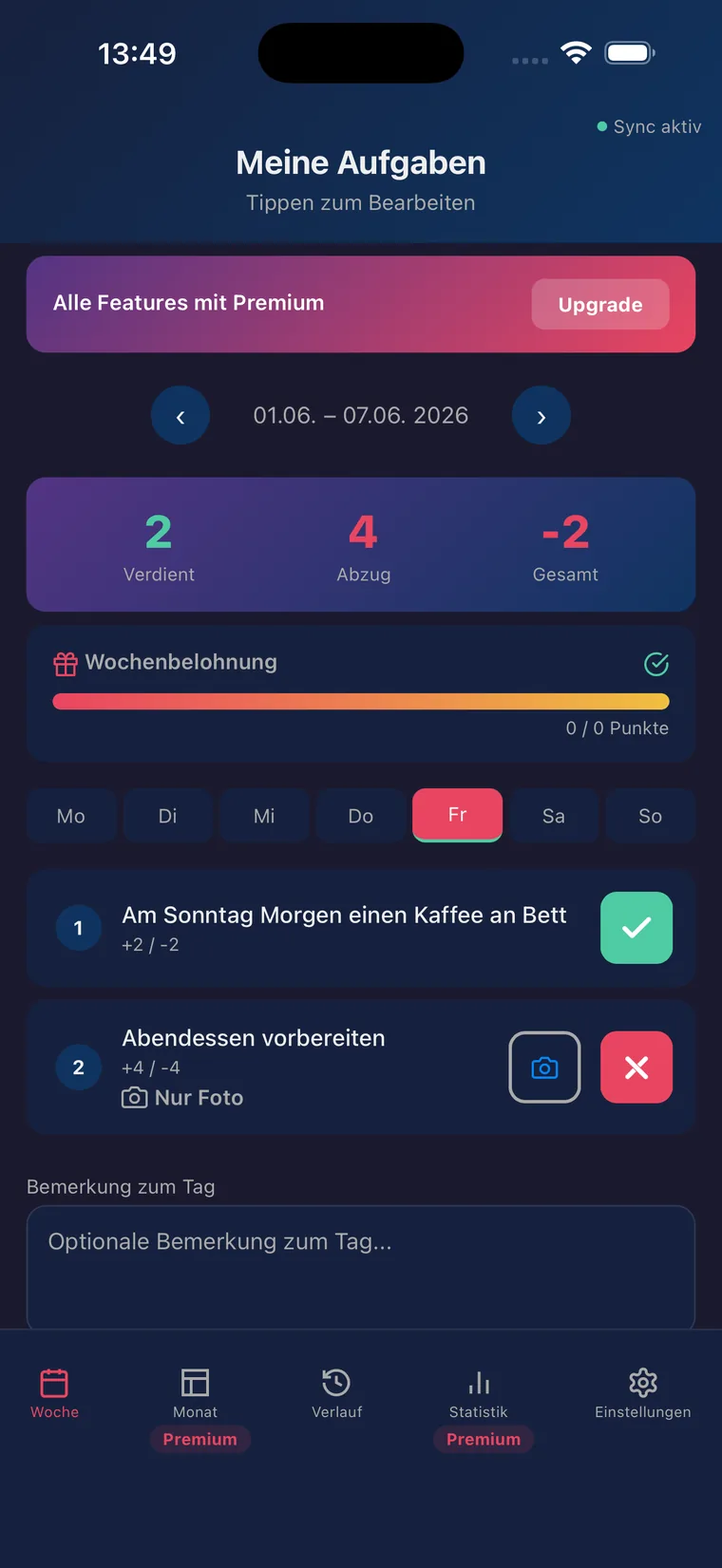 Devotion App Screenshot: Wochenansicht mit D/s-Aufgaben und Punkten